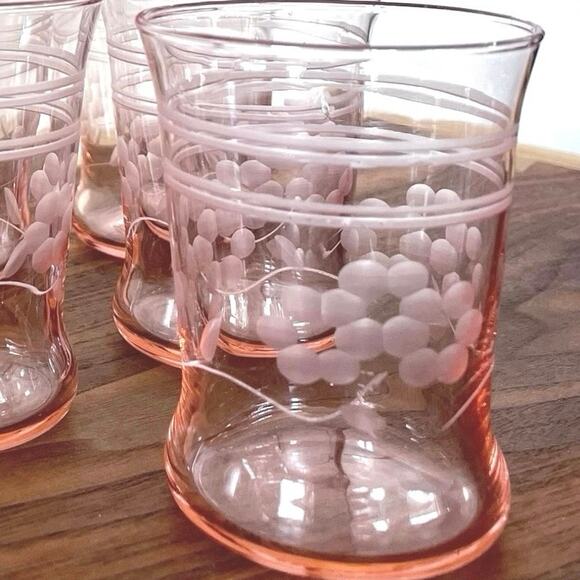 Pink Depression Juices Glasses Floral Etched Pattern (7) - Picture 2 of 10
